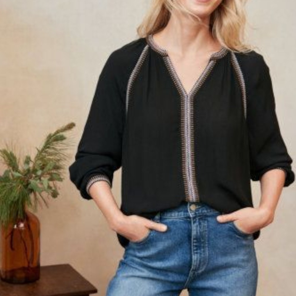 Garnet Hill Ember Embroidered Top Size L‎ Black Long Sleeve Crepe Boho